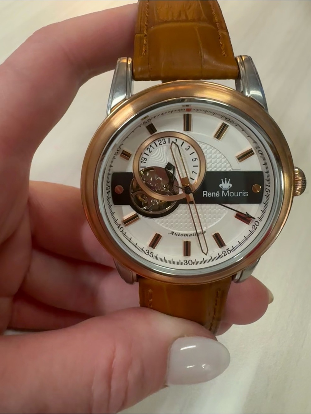 Rene Mouris Men’s Automatic Watch - Tan Leather With Rose Gold Accents